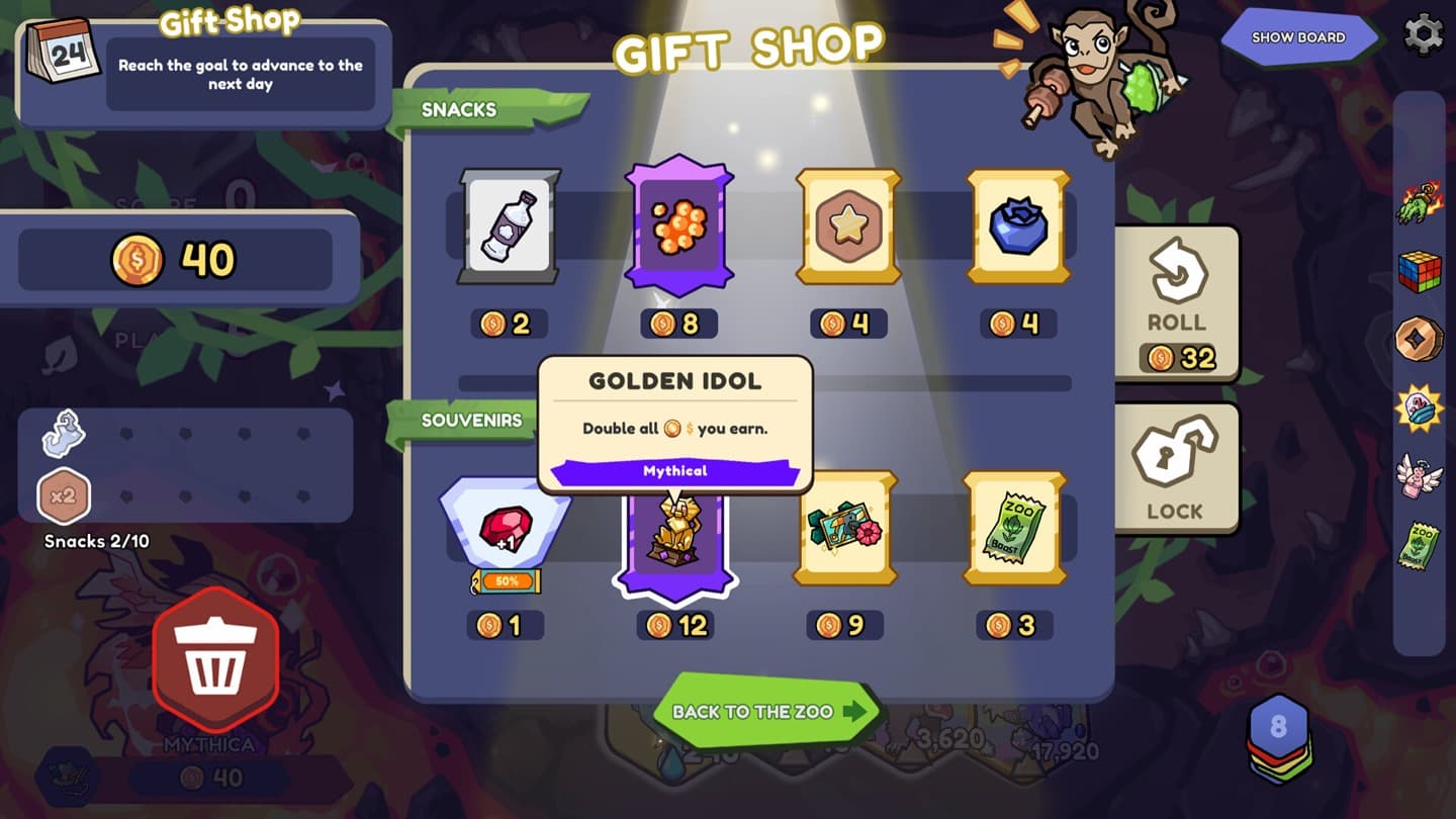 Official Zoominoes screenshot of the Gift Shop with snack and souvenir choices, coin prices, and a Golden Idol tooltip.