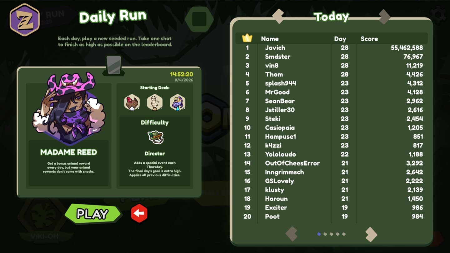 Official Zoominoes screenshot of the Daily Run screen with Madame Reed, Director difficulty, a starting deck, and a leaderboard.