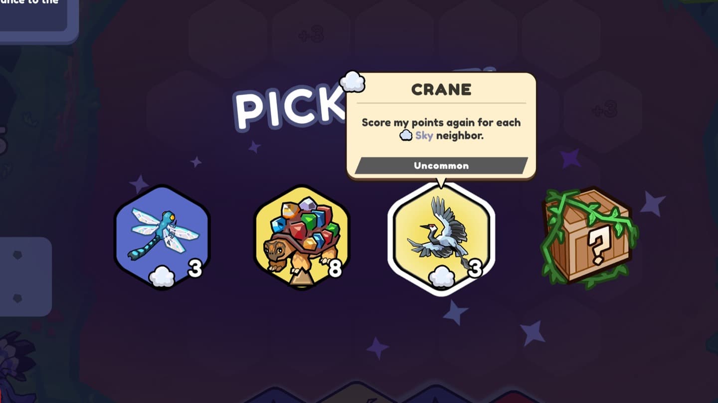 Official Zoominoes screenshot showing a pick-one choice between Dragonfly, a gem-covered tortoise, Crane, and a mystery crate.