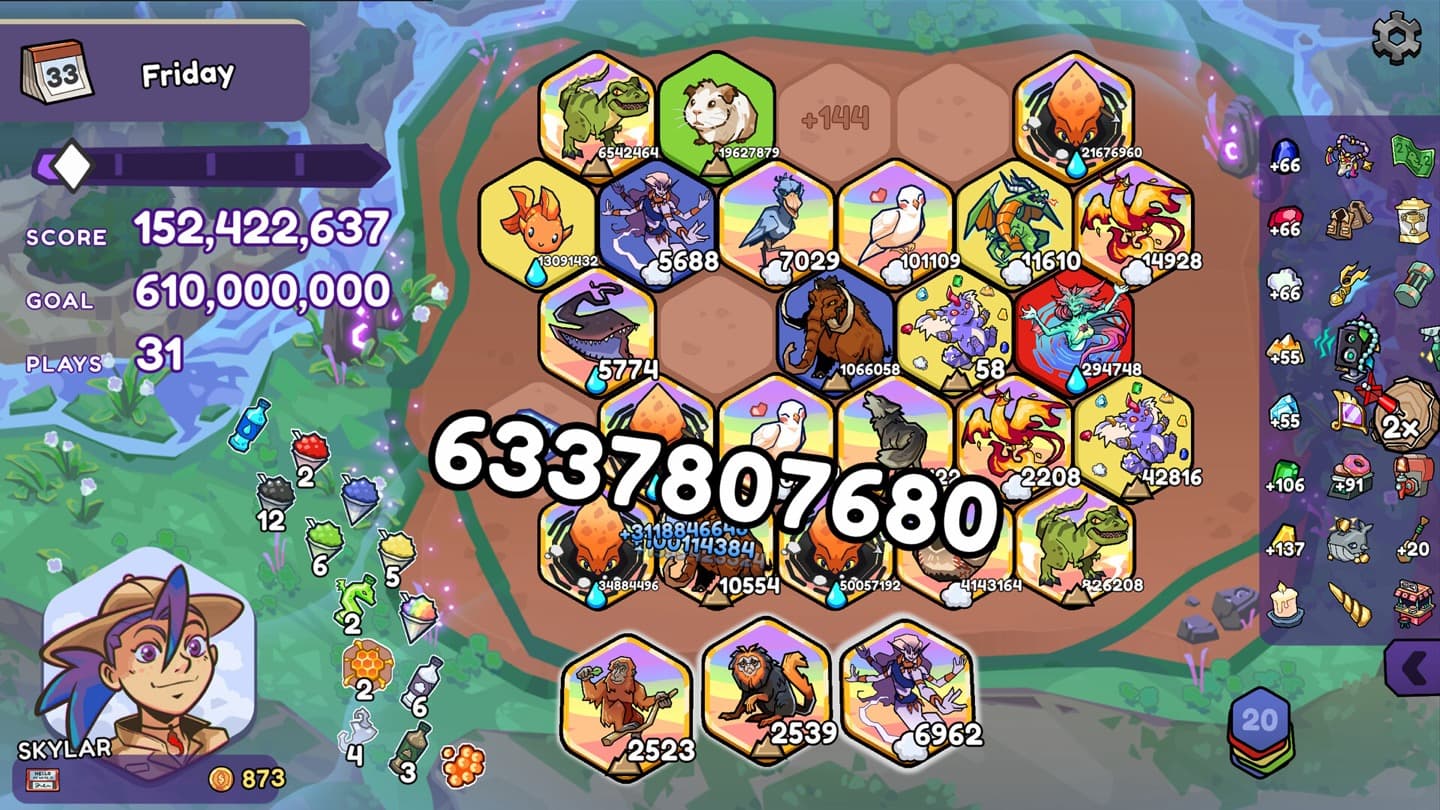 Official Zoominoes screenshot of a late Friday board with a large animal chain, high score and goal values, snacks, souvenirs, and Skylar as zookeeper.